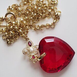 HEIDI DAUS "Winter Heart" (Ruby Red-Color) Carved Look Heart Drop Necklace